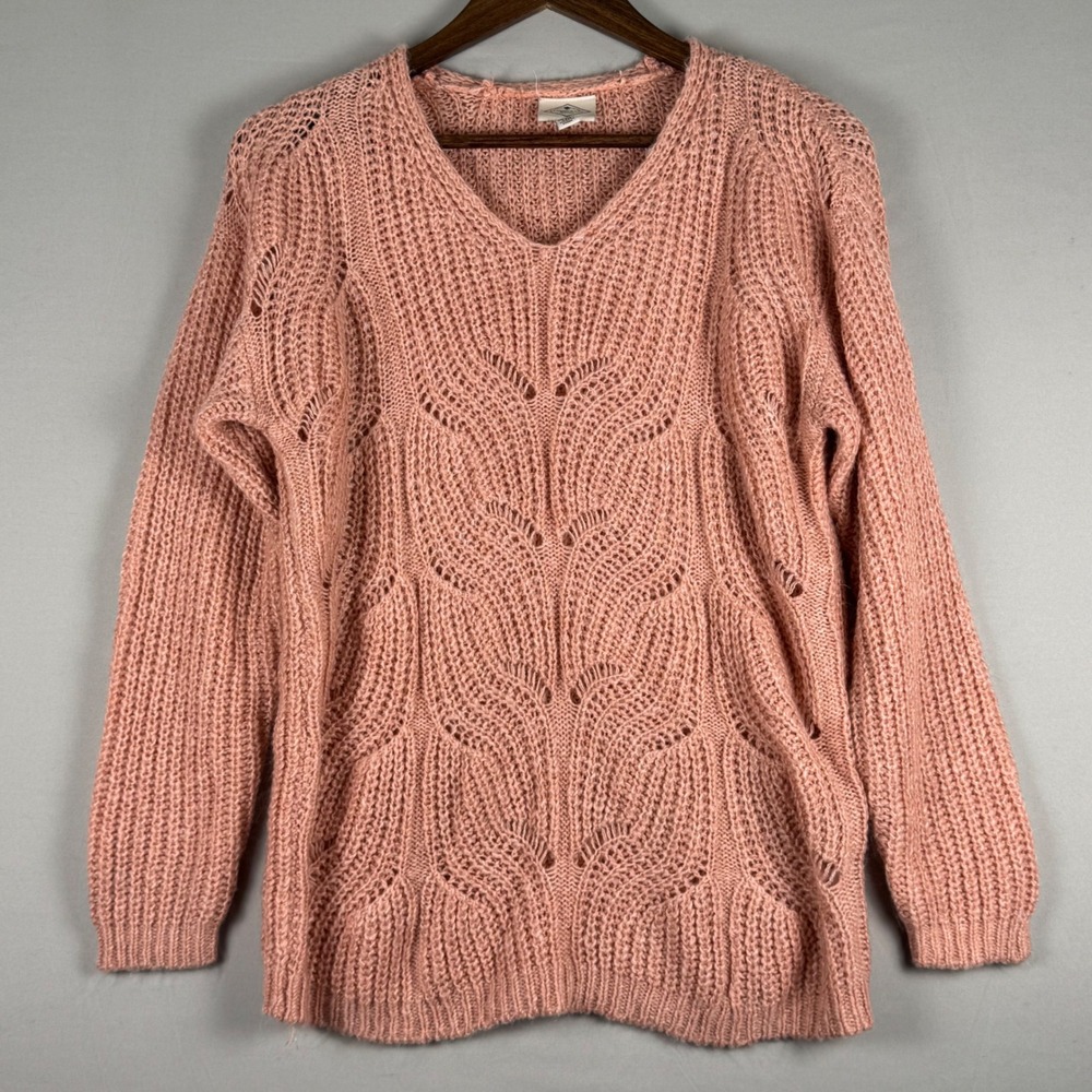 St Johns Bay V-Neck Pointelle Sweater Women Medium Peach Excellent Open Knit